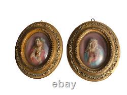 Pair antique 19thc Chalk gold frame wall plaque jesus mary relief portrait glass