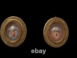 Pair antique 19thc Chalk gold frame wall plaque jesus mary relief portrait glass