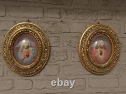 Pair antique 19thc Chalk gold frame wall plaque jesus mary relief portrait glass