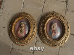 Pair antique 19thc Chalk gold frame wall plaque jesus mary relief portrait glass