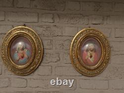 Pair antique 19thc Chalk gold frame wall plaque jesus mary relief portrait glass