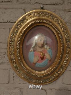 Pair antique 19thc Chalk gold frame wall plaque jesus mary relief portrait glass