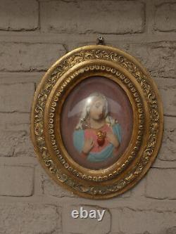 Pair antique 19thc Chalk gold frame wall plaque jesus mary relief portrait glass