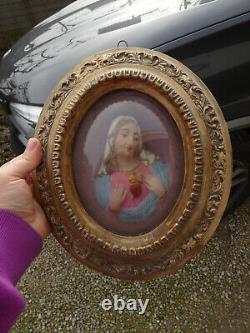 Pair antique 19thc Chalk gold frame wall plaque jesus mary relief portrait glass