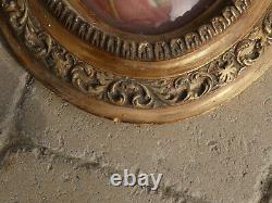 Pair antique 19thc Chalk gold frame wall plaque jesus mary relief portrait glass