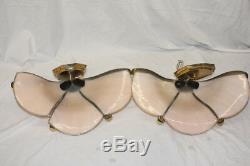 Pair of Vintage Rose Glass with Gold Frame 3 Petal Wall Sconces (c)