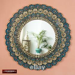 Peruvian Round Wall Mirror 31.5, Gold wood framed wall mirror, Bluish Turquoise