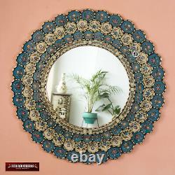 Peruvian Round Wall Mirror 31.5, Gold wood framed wall mirror, Bluish Turquoise