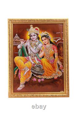 Radha Krishna Silver Zari Art Work Photo In Golden Frame Big (14 X 18 Inch)