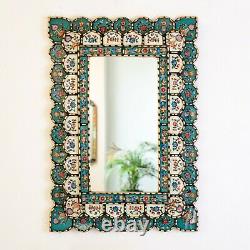 Rectangle Turquoise Mirror for wall, Golden Accent wall mirror for living room