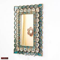 Rectangle Turquoise Mirror for wall, Golden Accent wall mirror for living room