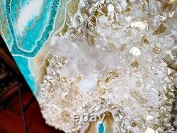 Resin Painting Wall Art in Teal Blue White Gold Home Modern Decor Quarz Crystals