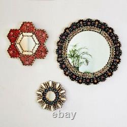 Round Accent Wall Mirrors Set 3 from Peru, Hand-painted glass wood mirror set