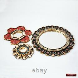 Round Accent Wall Mirrors Set 3 from Peru, Hand-painted glass wood mirror set