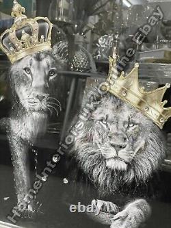 Royal Lion king, lioness queen gold Crowns writing & chrome frame décor pictures