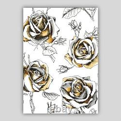 Set of 3 Framed Gold Floral Abstract Rose Flower Wall Art Print Picture Poster