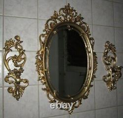 Set of 3=Vtg Ornate GOLD FRAMED SYROCO WALL MIRROR & 2=Candle Sconces 4118