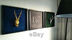 Set of wall decorations, deer skull, gold and silver antlers, black frame 50x50cm