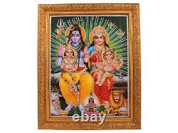 Shiv Parivar Silver Zari Art Photo In Golden Frame Big (14 X 18 Inch)