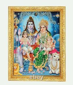 Shiv Parivar Silver Zari Art Work Photo In Golden Frame Big (14 X 18 Inches)