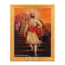 Shivaji Maharaj Silver Zari Art Photo In Golden Frame Big (14 X 18 Inch)