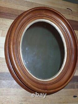 Small Victorian Oak Wall Mirror Oval Shape Deep Recess Frame Gold Accent 11 x 13