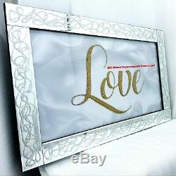 Sparkly Silver Gold Glitter Mirrored Wall Hanging Art LOVE White Grey 100xH60cm