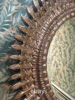Sunburst Style Wall Hung Mirror, Silver/Gold Finish, Carved Frame, 60cm dia