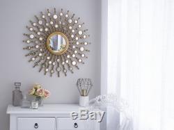 Sunburst Wall Mirror Vintage Circular Frame Distressed Gold Decor Blois
