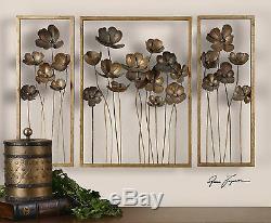 Three Panel Forged Aged Gold Leaf Metal Tulip Flower Wall Sculptures Wall Art