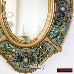 Turquoise Oval wall Mirror with gold color wood frame, Peruvian Accent Mirrors