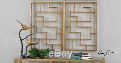 Two Large 24 Aged Gold Leaf Hand Forged Metal Modern Geometric Shape Wall Art