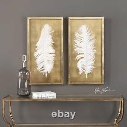 Two Large 34 Gold Leaf Shadow Box Huge Feather Under Glass Modern Wall Art