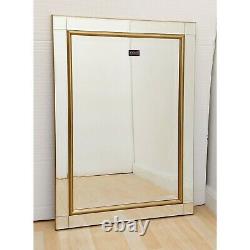 Venetian Glass Gold Trim Bevelled Frame Rectangle Wall Hanging Mirror 92 x 66cm