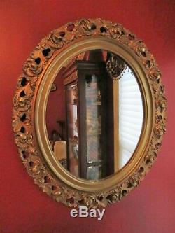 Vintage 1960s Large Oval Gold Mirror Hand Carved Wood Frame Wall Decor 27 x 24
