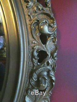 Vintage 1960s Large Oval Gold Mirror Hand Carved Wood Frame Wall Decor 27 x 24