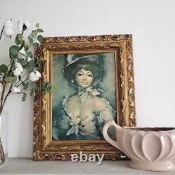 Vintage 1960s Woman Cottagecore Gold Ornate Frame 22 x 18 Sage Green Brunette