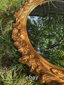 Vintage Antique Gold Round Carved Wood & Plaster Ornate Floral Wall Mirror