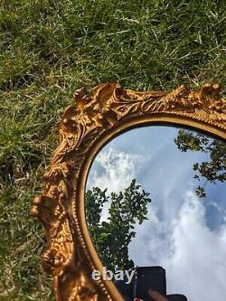 Vintage Antique Gold Round Carved Wood & Plaster Ornate Floral Wall Mirror