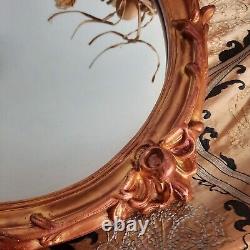 Vintage Antique ROSE Gold Round Carved Wood & Plaster Ornate Floral Wall Mirror