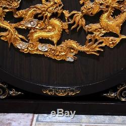 Vintage Asian Framed (Wood Carved) Golden Dragon Wall Art Mid-Century Modern