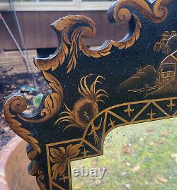 Vintage Asian Style Wall Mirror Chinoiserie Lacquer Wood Wicker Black Gold 32x21