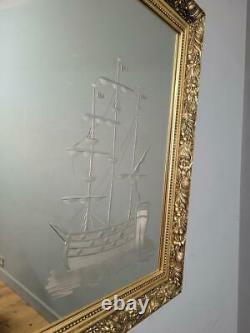 Vintage Gold Framed Mantle Gilt Style Wall Mirror With Etched Ship And Island