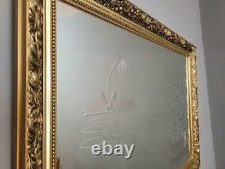 Vintage Gold Framed Mantle Gilt Style Wall Mirror With Etched Ship And Island