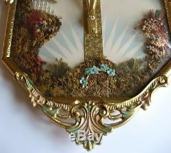 Vintage JESUS Crucifix Easter Cross Wall Convex Hanging Glass Gold Frame 20 X 12