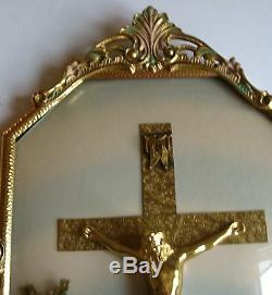 Vintage JESUS Easter Cross Wall Hanging Convex Crucifix Glass Gold Frame 20 X 12
