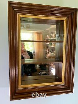 Vintage Mahogany gold deep mirror back curio shelf wall hanging display cabinet