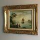 Vintage Oil Painting Colonial Ship Gold Frame Artist Signed Jan Reynold Wall Art