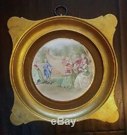 Vintage Ormolu Victorian Fragonard Hand Painted Porcelain Wall Plaque Gold Frame