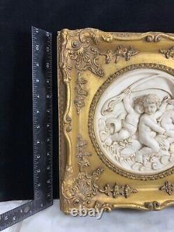 Vintage Ornate Gold Framed Marble Cast Relief Wall Plaque Cherubs Baroque